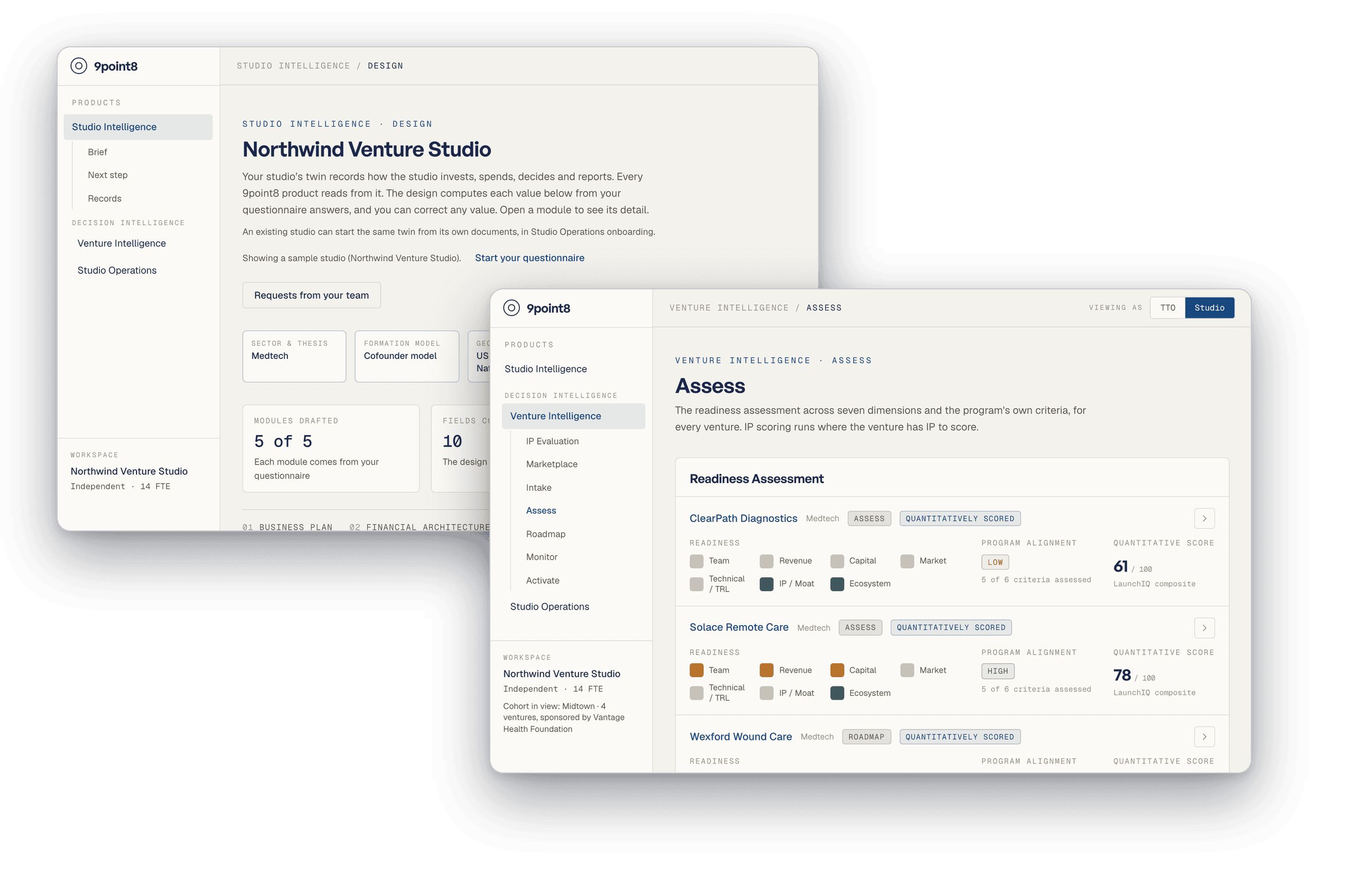 Two 9point8 platform screens: the Studio Intelligence design view for Northwind Venture Studio, and the Venture Intelligence readiness assessment layered in front.